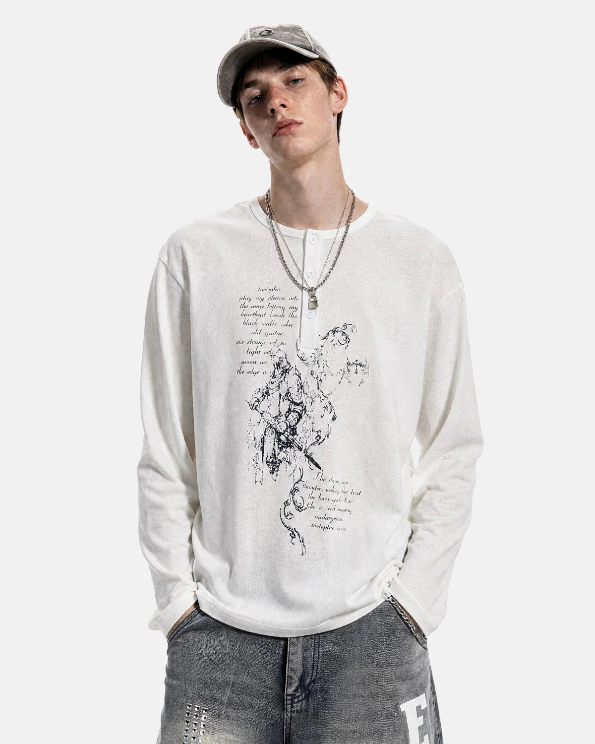 Omygoods Knight Graphic Henley Long Sleeve T-Shirt