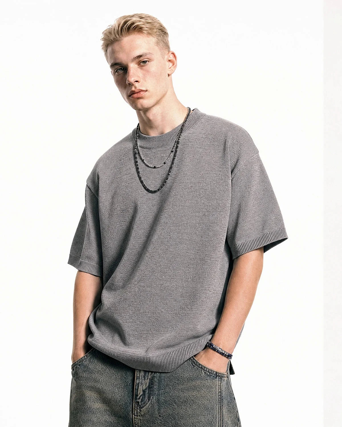 Omygoods Knit Crew Neck Short Sleeve Tee