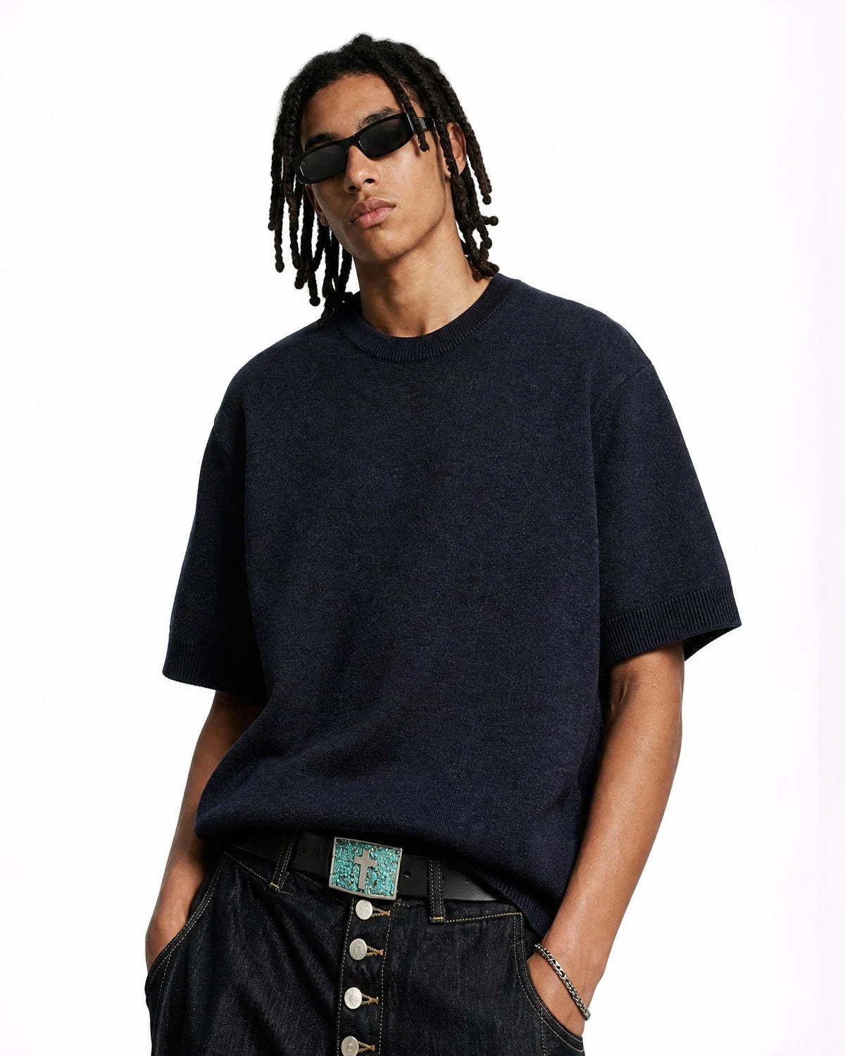 Omygoods Knit Crew Neck Short Sleeve Tee