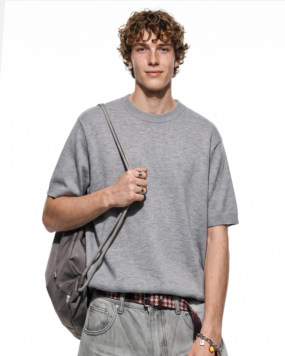 Omygoods Knit Crew Neck Short Sleeve Tee
