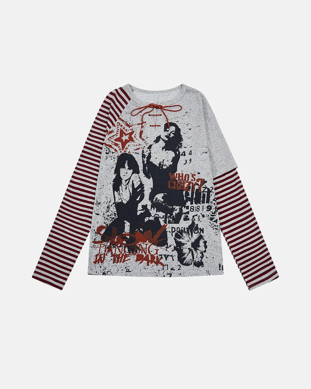 Omygoods Lace-Up Layered Graphic Long Sleeve T-Shirt