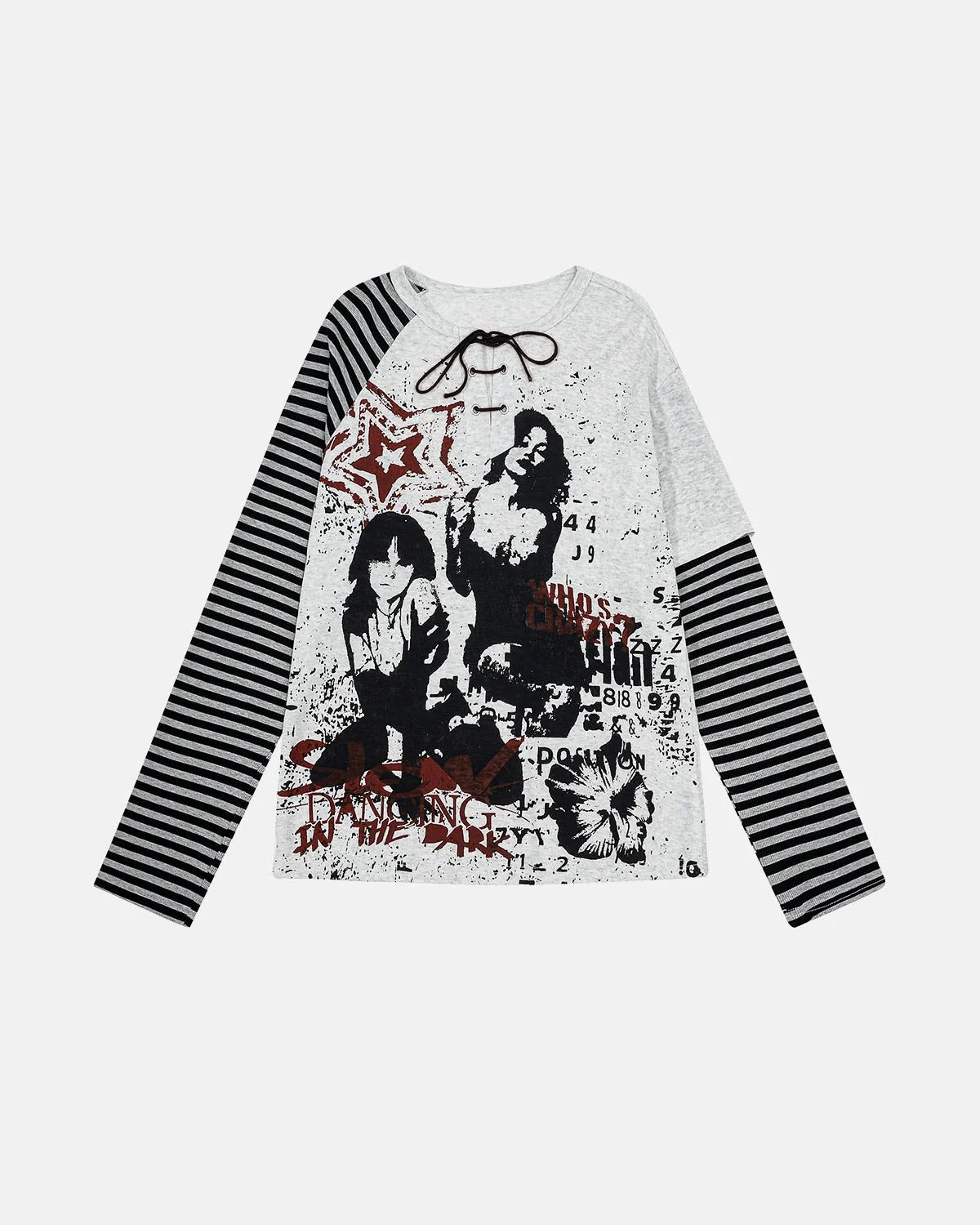Omygoods Lace-Up Layered Graphic Long Sleeve T-Shirt