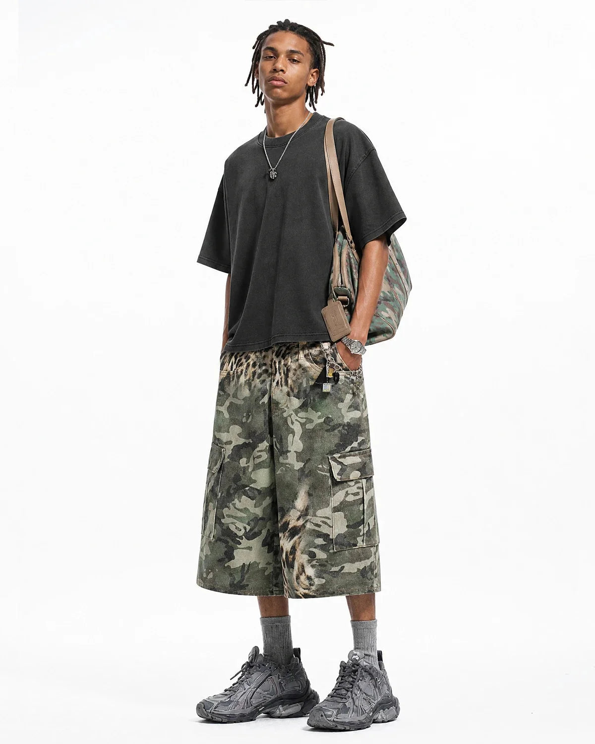 Omygoods Leopard Camo Cargo Longline Shorts
