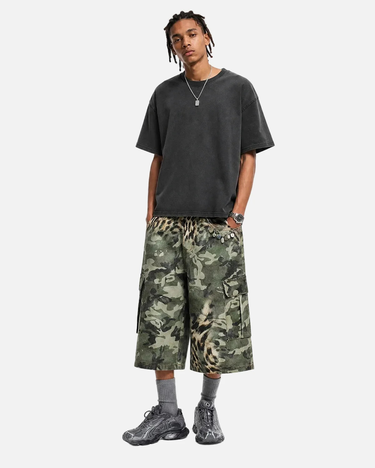 Omygoods Leopard Camo Cargo Longline Shorts