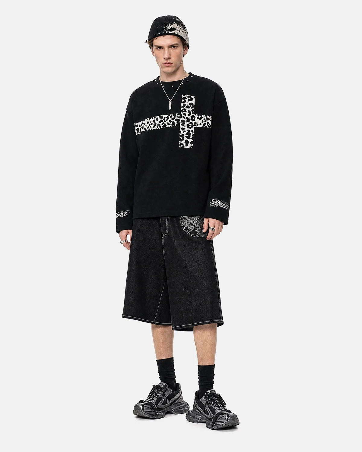 Omygoods Leopard Cross Graphic Waffle T-Shirt