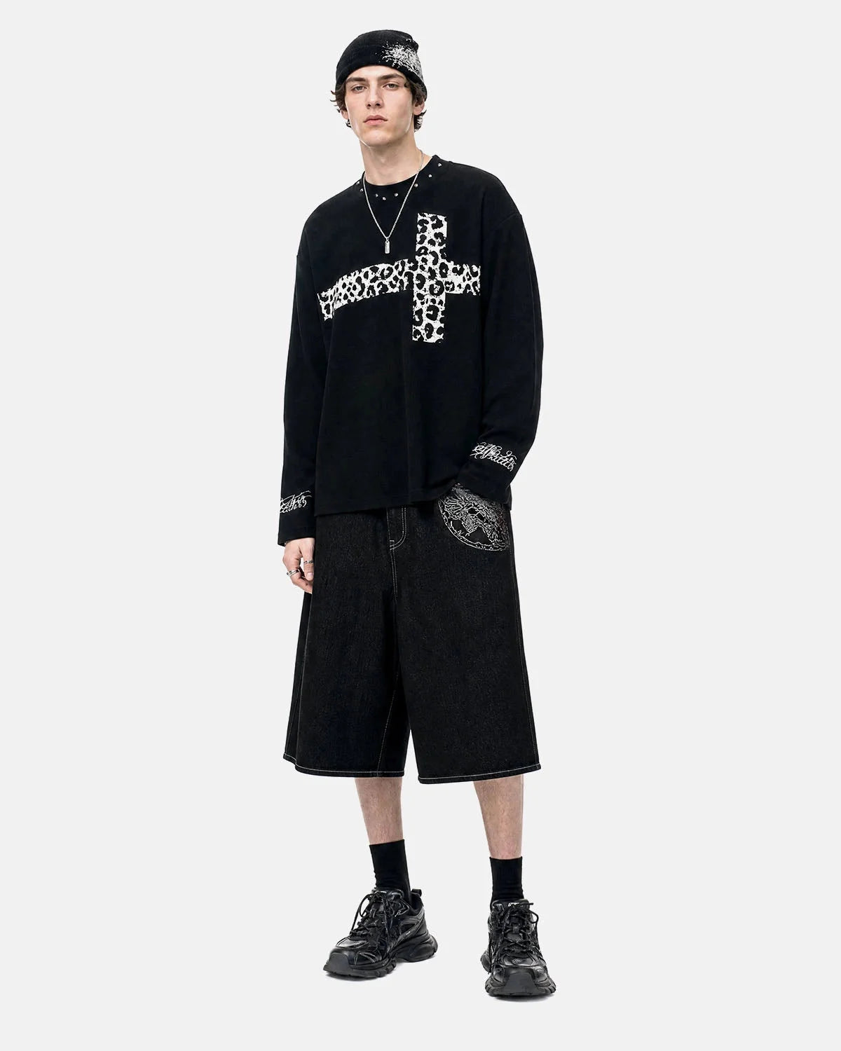 Omygoods Leopard Cross Graphic Waffle T-Shirt
