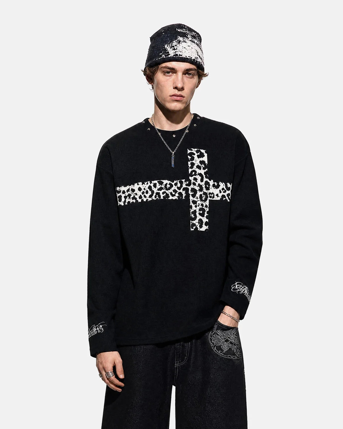 Omygoods Leopard Cross Graphic Waffle T-Shirt