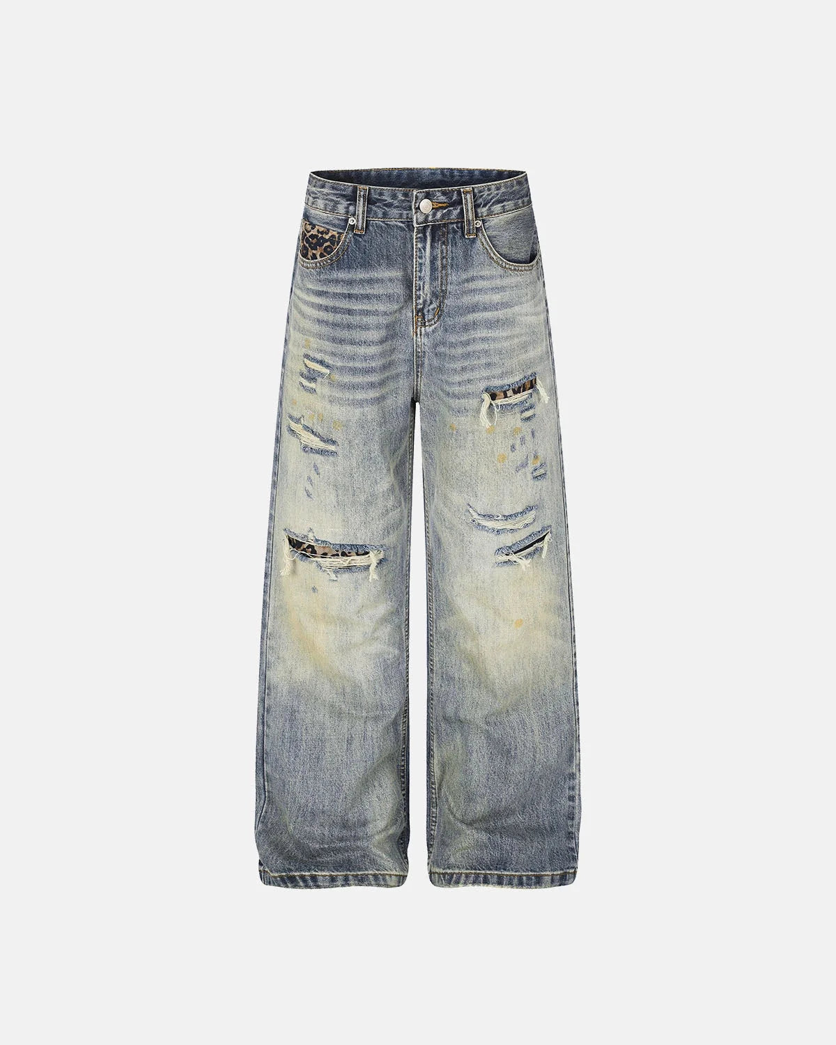 Omygoods Leopard Detail Distressed Baggy Jeans