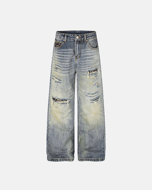 Omygoods Leopard Detail Distressed Baggy Jeans