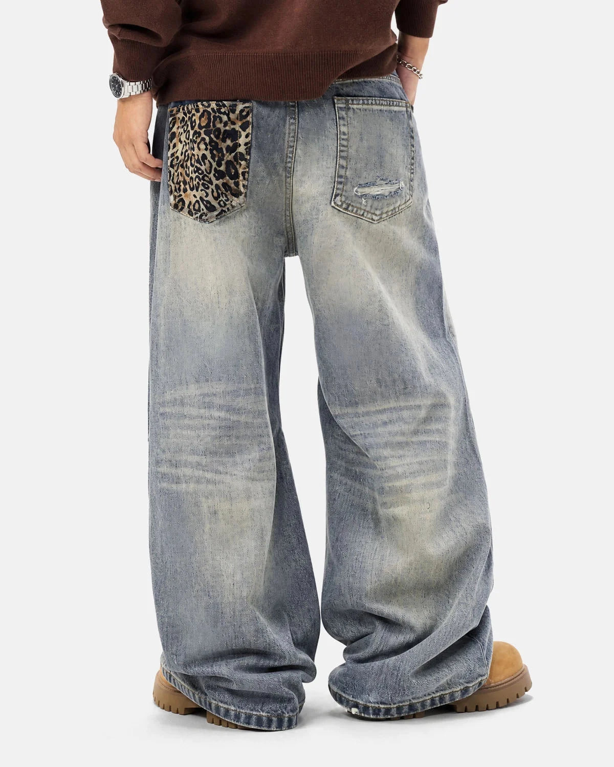 Omygoods Leopard Detail Distressed Baggy Jeans