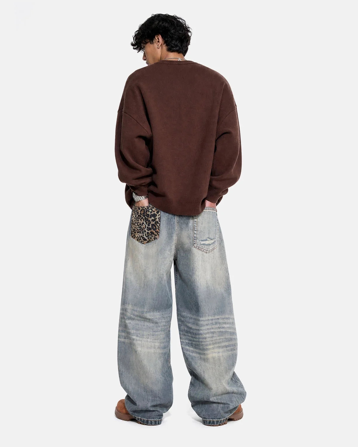 Omygoods Leopard Detail Distressed Baggy Jeans