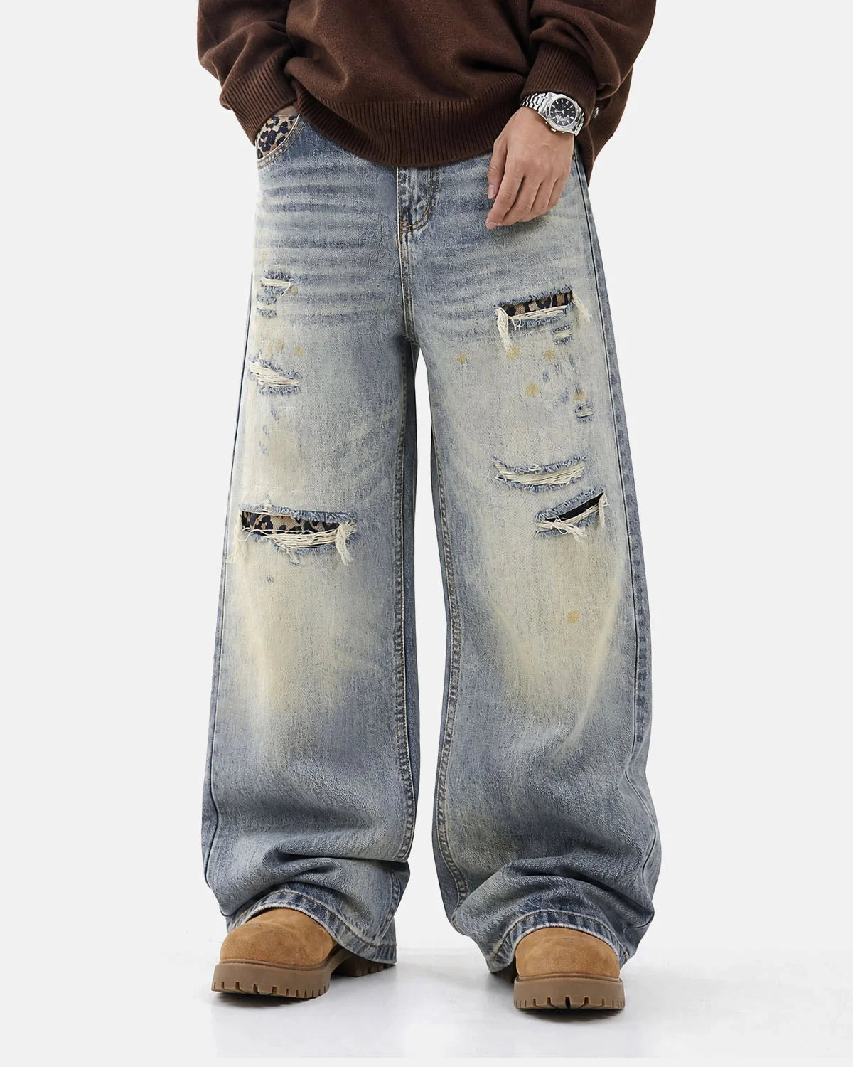 Omygoods Leopard Detail Distressed Baggy Jeans