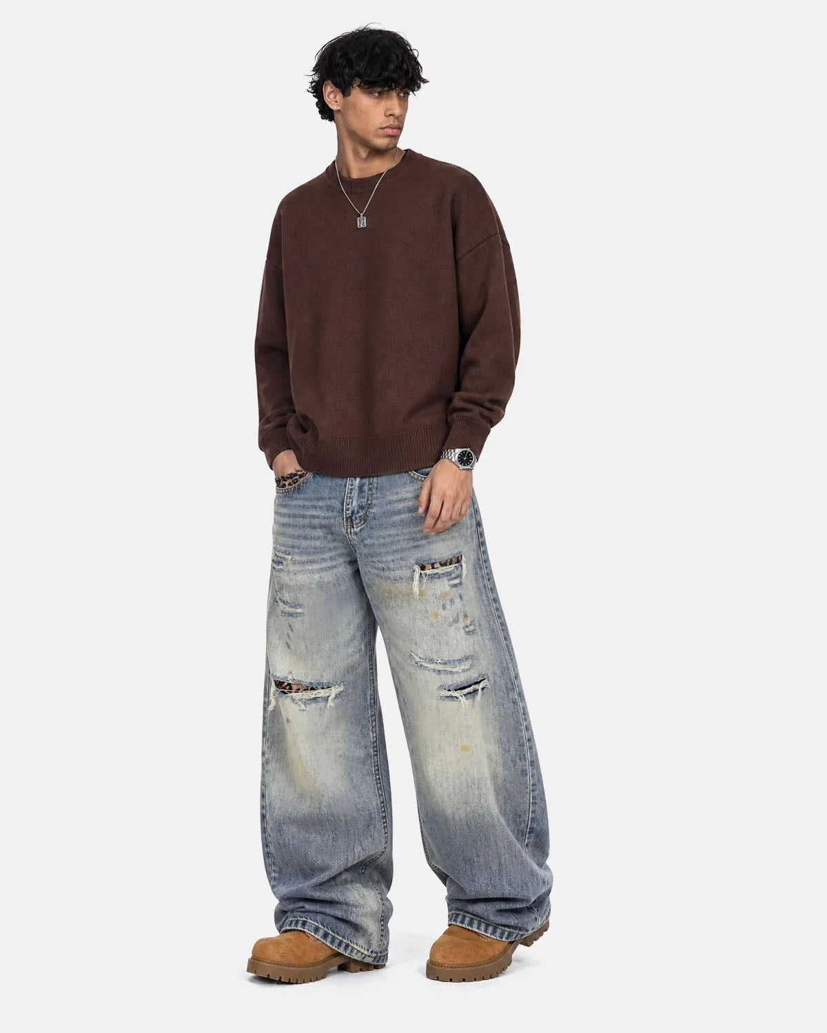 Omygoods Leopard Detail Distressed Baggy Jeans