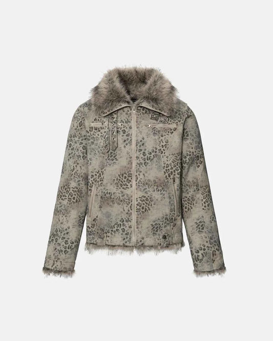 Omygoods Leopard Faux Fur Collar Jacket
