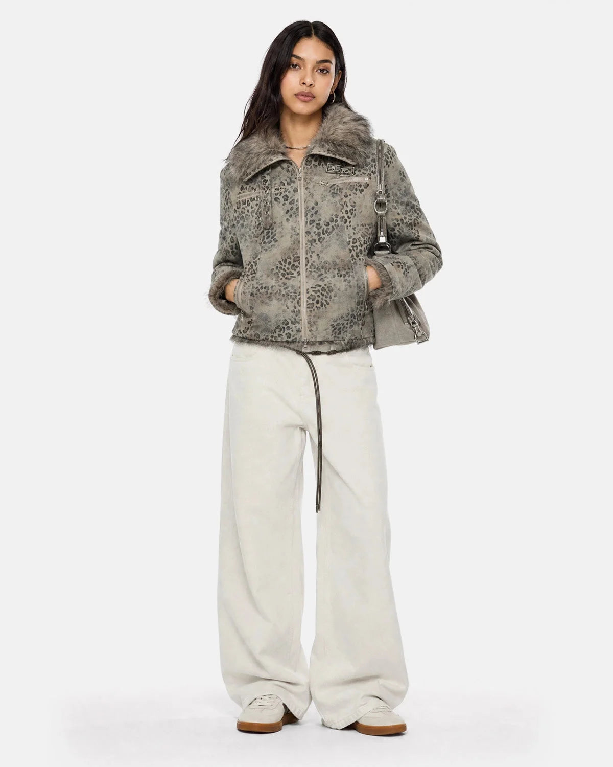 Omygoods Leopard Faux Fur Collar Jacket