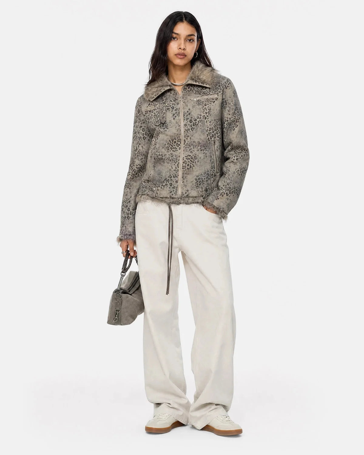 Omygoods Leopard Faux Fur Collar Jacket