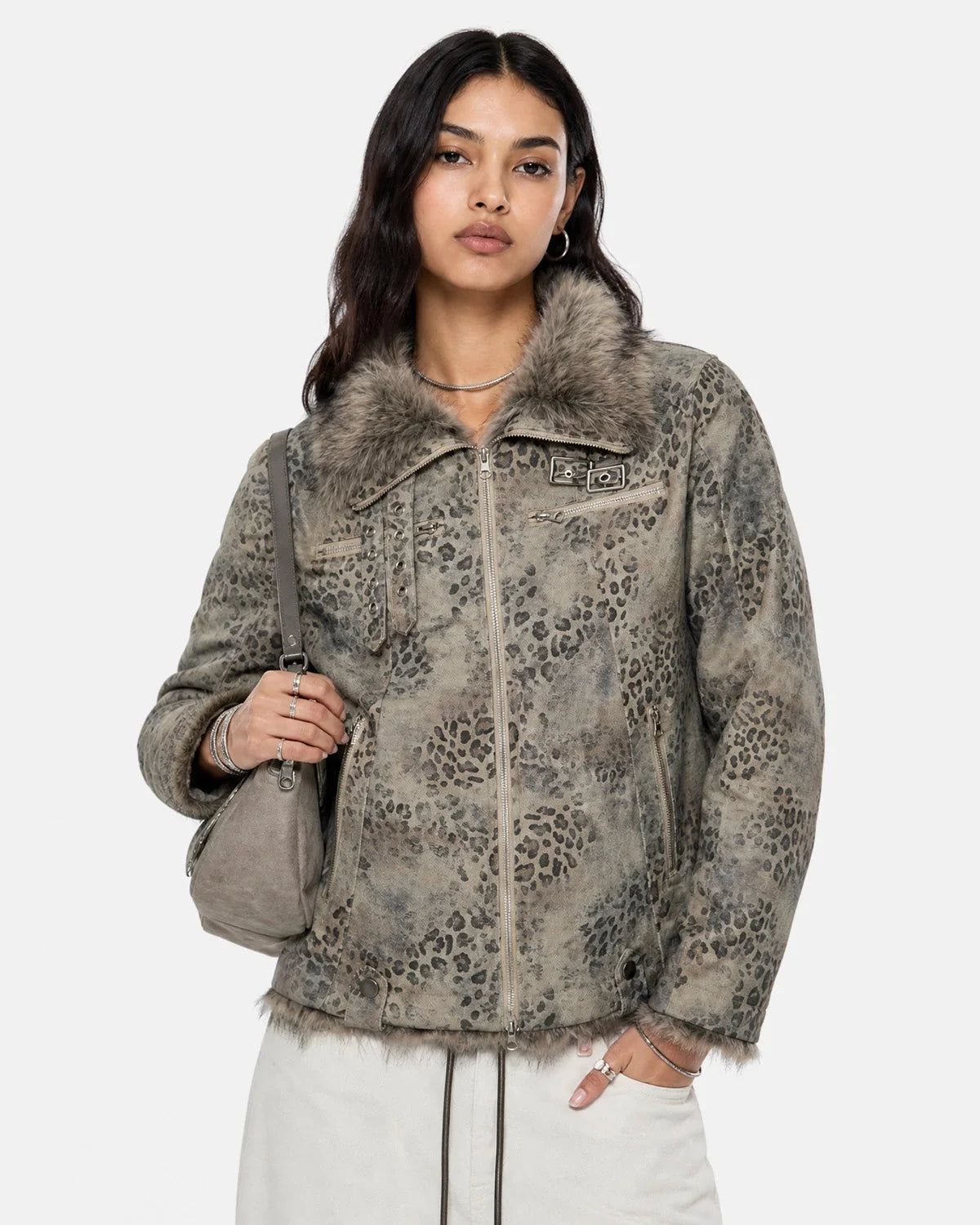 Omygoods Leopard Faux Fur Collar Jacket