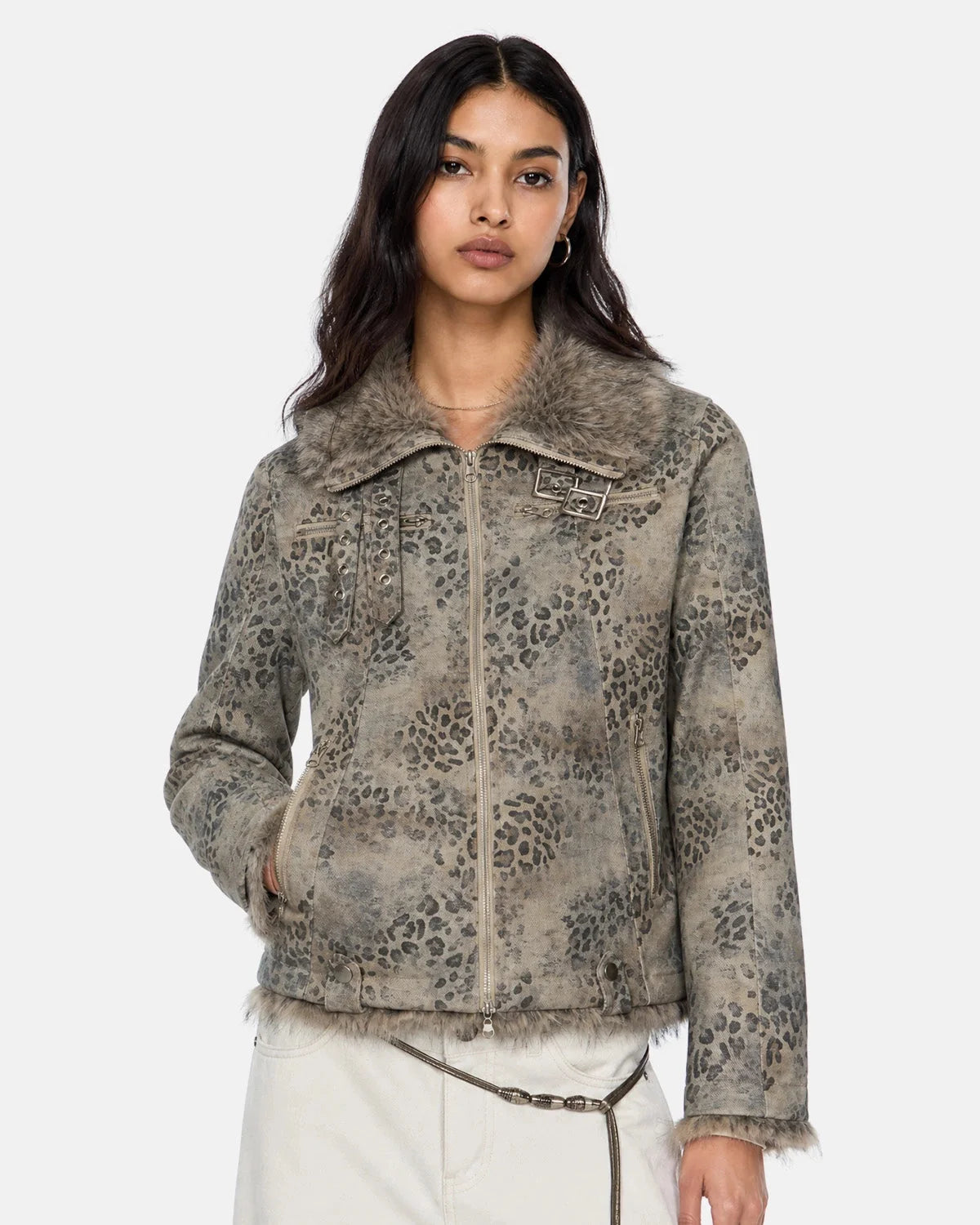Omygoods Leopard Faux Fur Collar Jacket