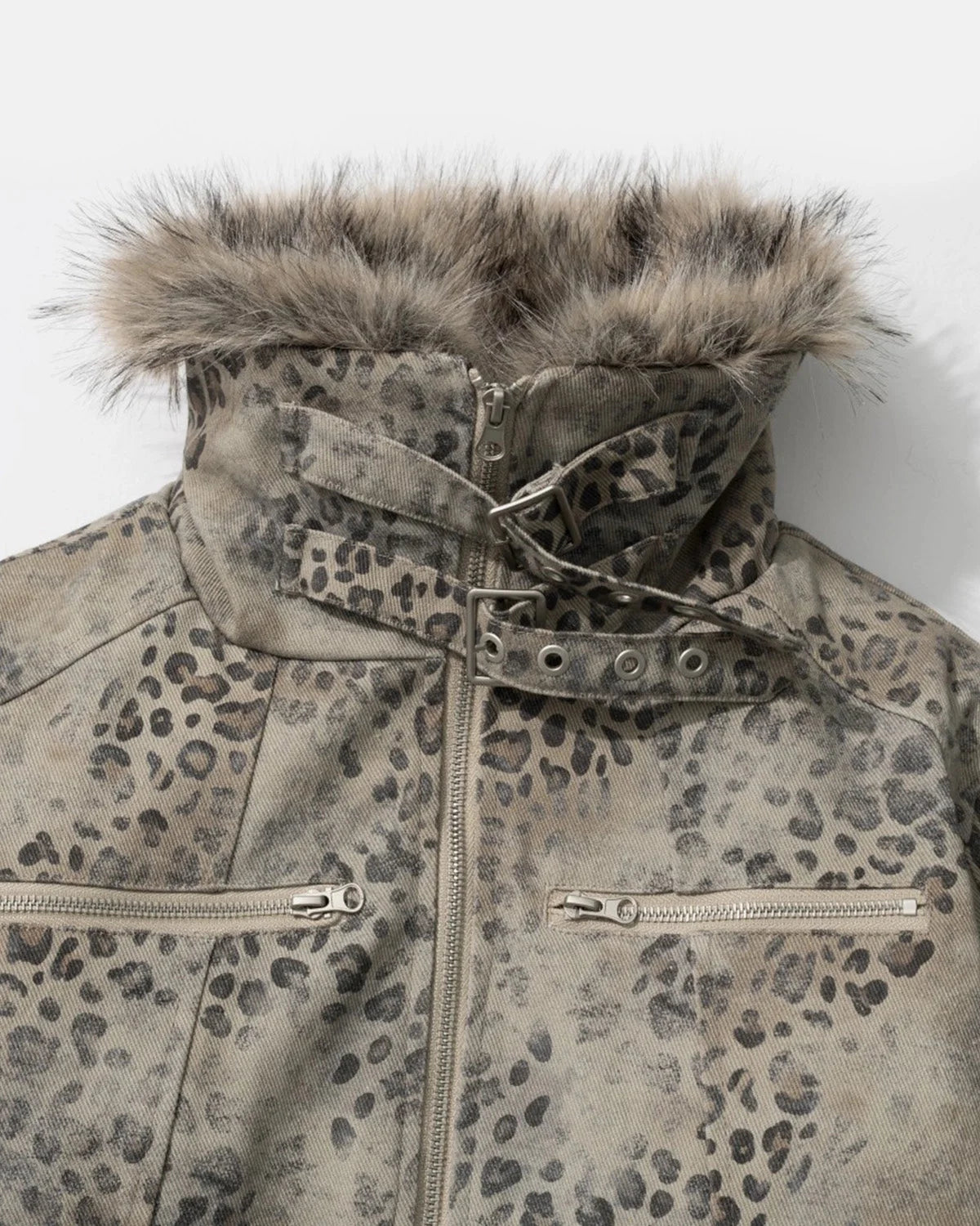 Omygoods Leopard Faux Fur Collar Jacket
