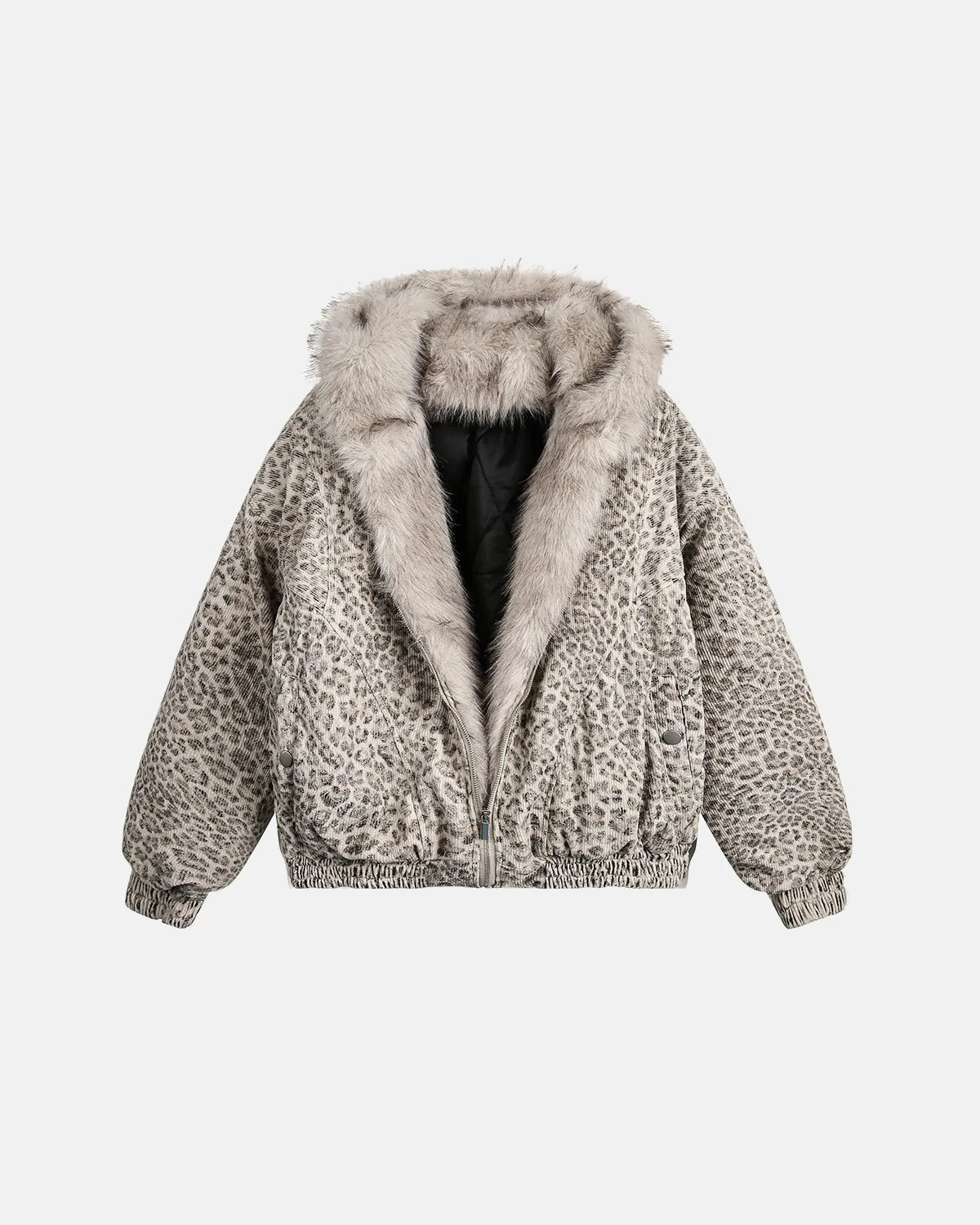Omygoods Leopard Faux Fur Lined Bomber Jacket