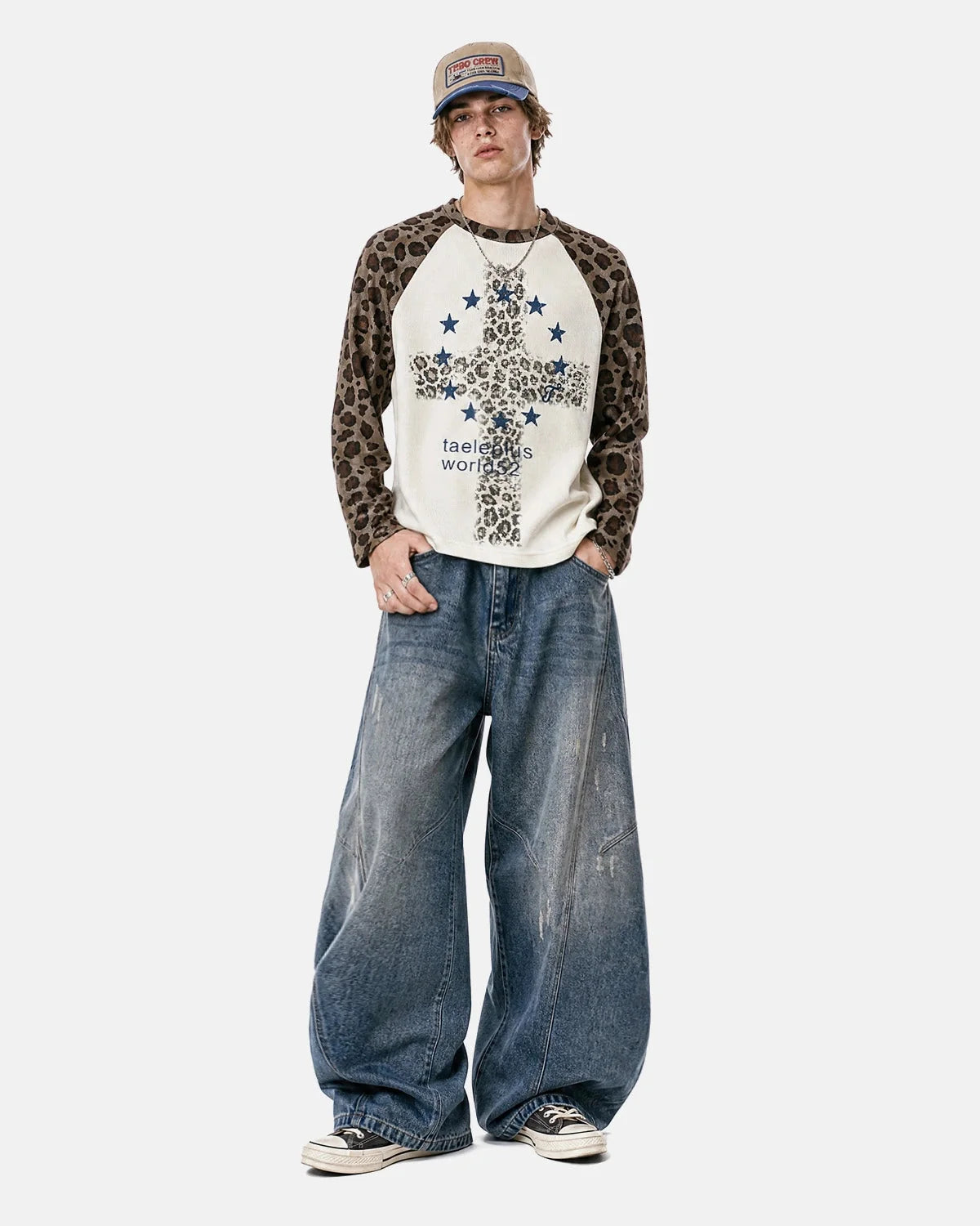 Omygoods Leopard Graphic Waffle Long Sleeve T-Shirt