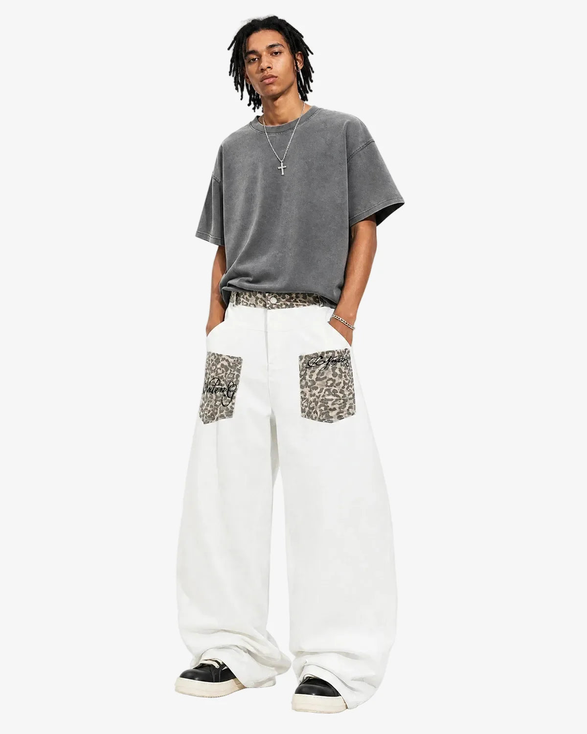 Omygoods Leopard Patch Barrel Jeans