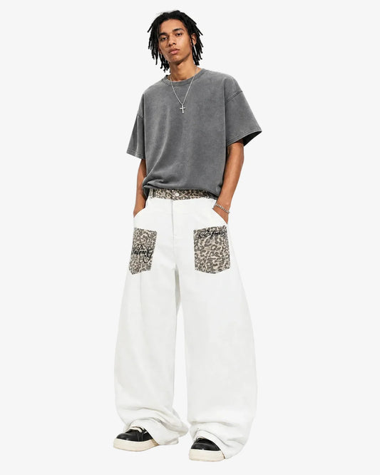 Omygoods Leopard Patch Barrel Jeans