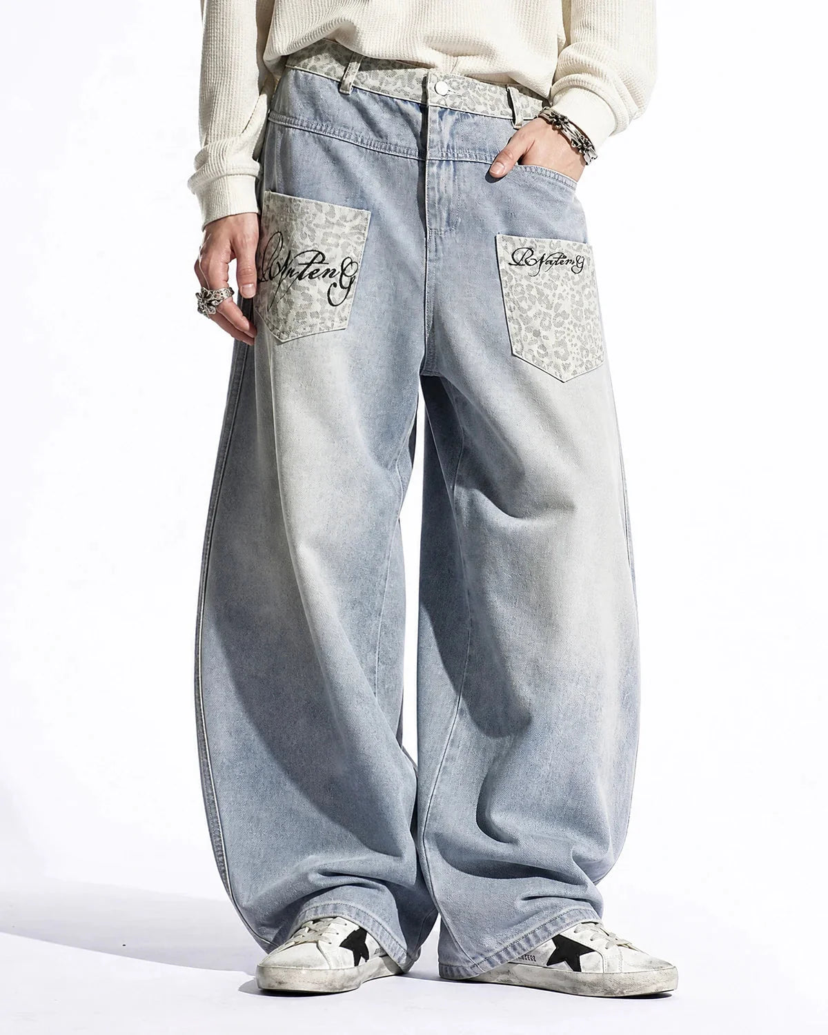 Omygoods Leopard Patch Barrel Jeans