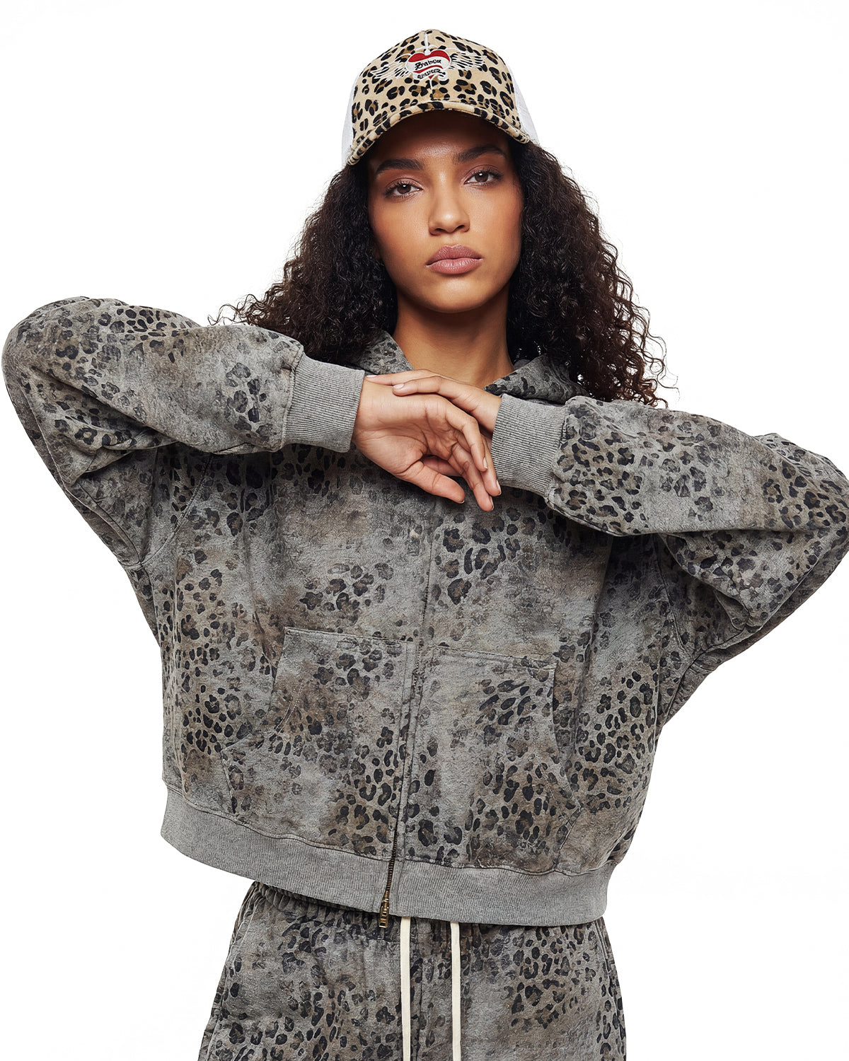 Omygoods Leopard Print Boxy Zip Up Hoodie