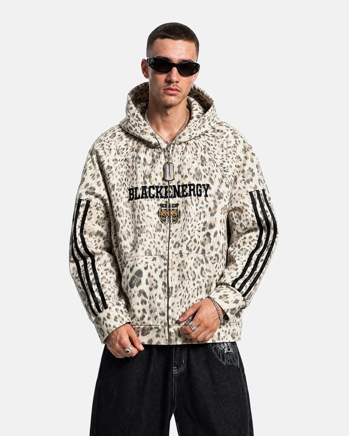 Omygoods Leopard Print Graphic Boxy Zip Up Hoodie