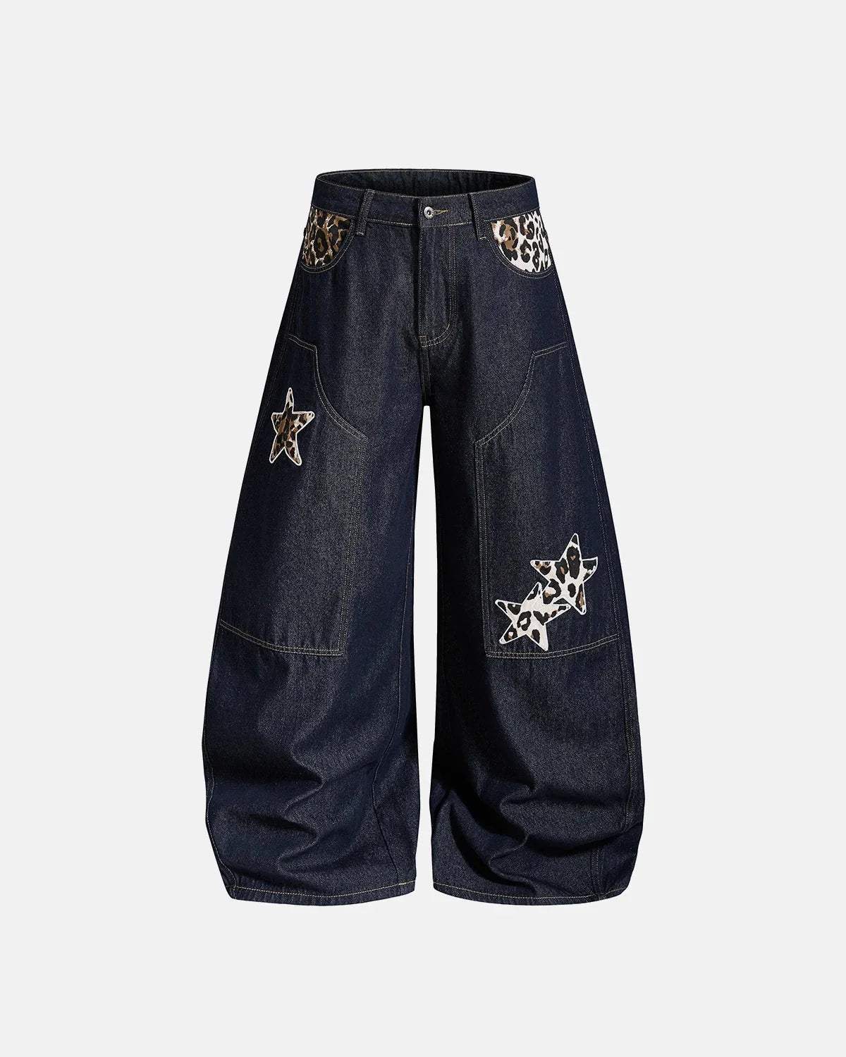 Omygoods Leopard Star Patch Barrel Jeans