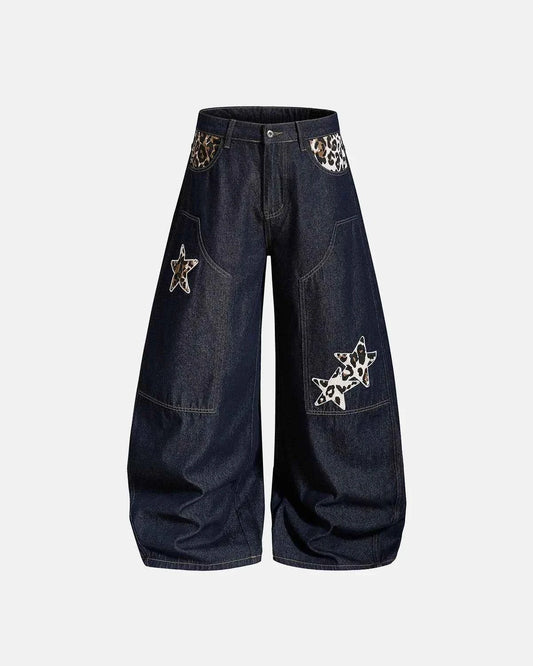 Omygoods Leopard Star Patch Barrel Jeans
