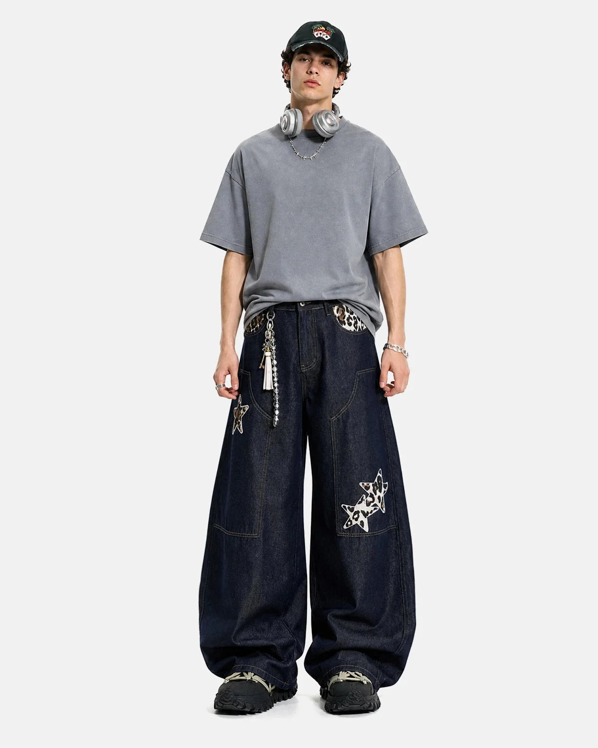 Omygoods Leopard Star Patch Barrel Jeans