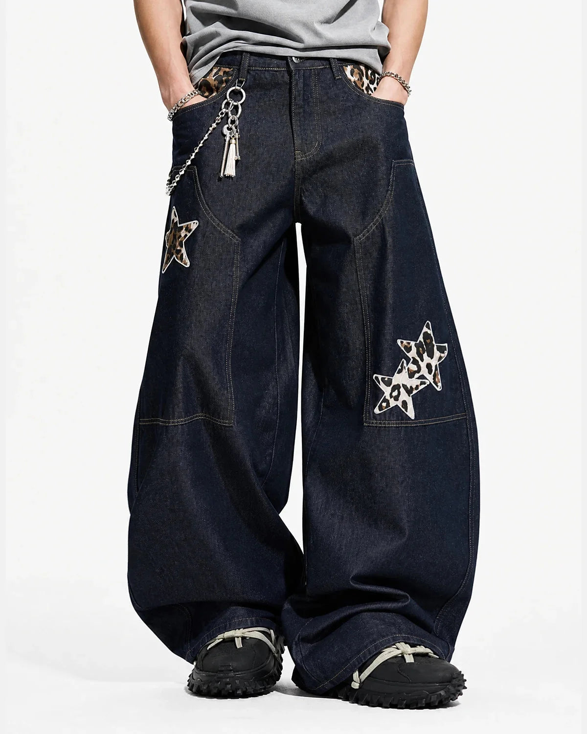 Omygoods Leopard Star Patch Barrel Jeans