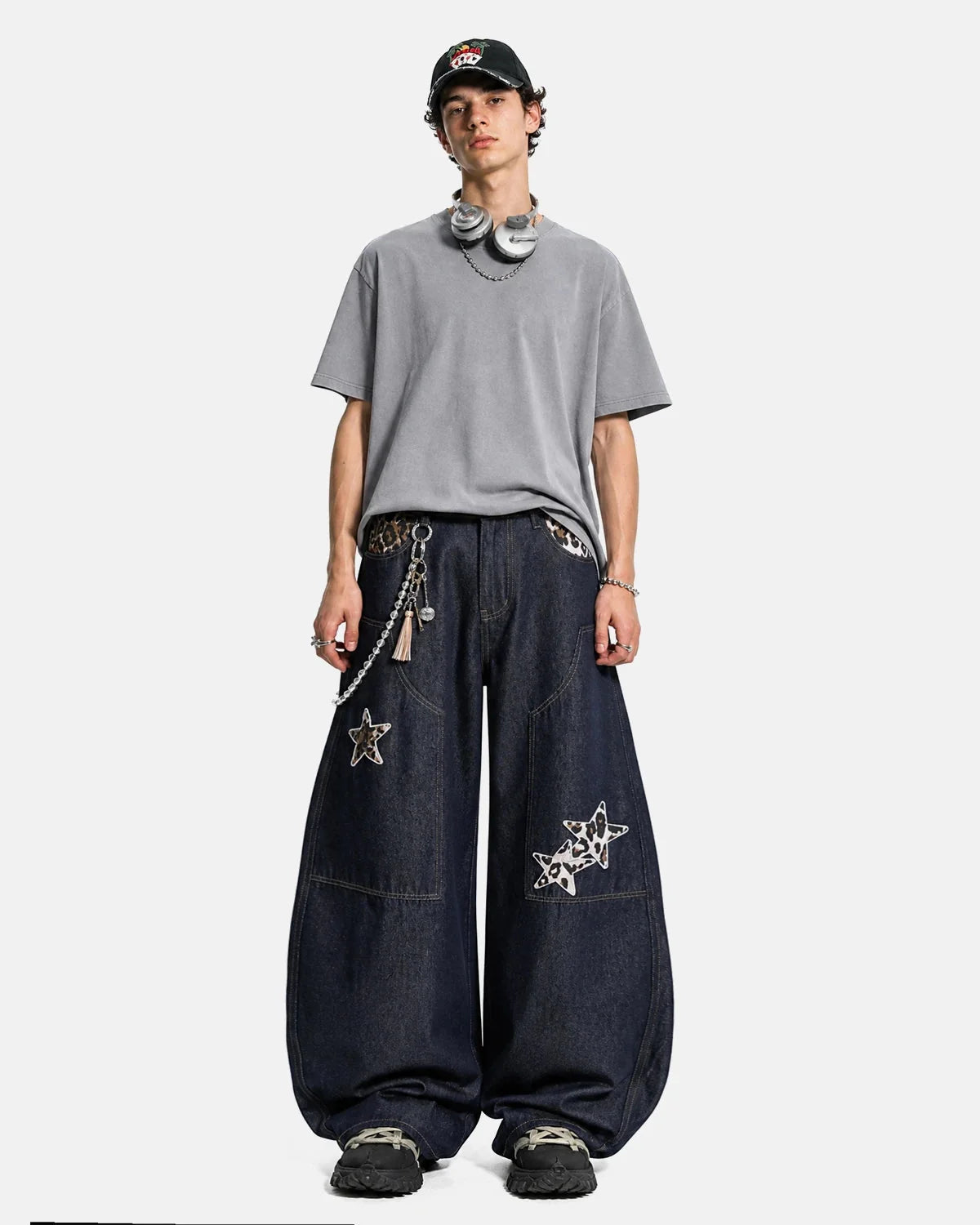 Omygoods Leopard Star Patch Barrel Jeans