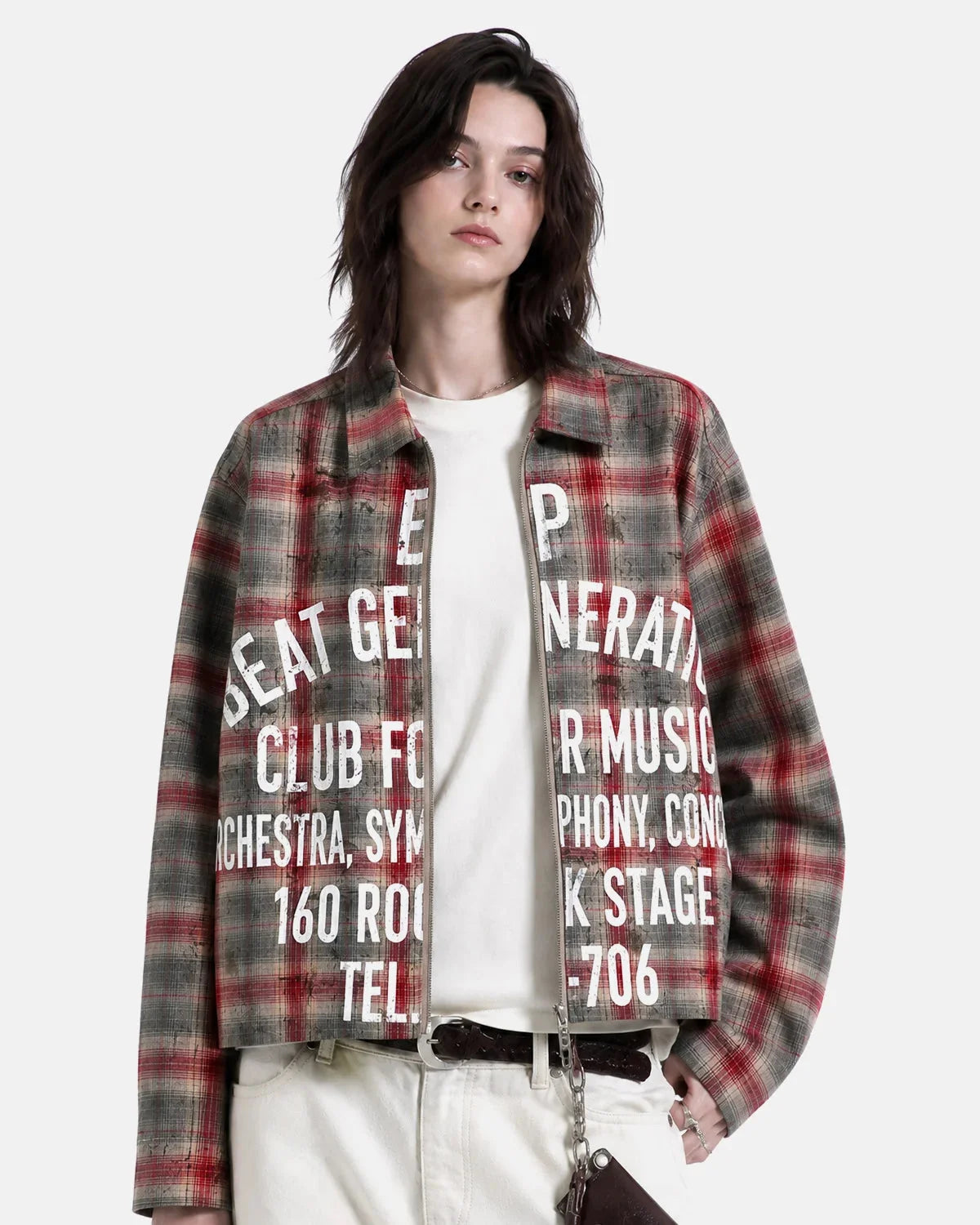 Omygoods Letter Graphic Plaid Long-Sleeve Shirt