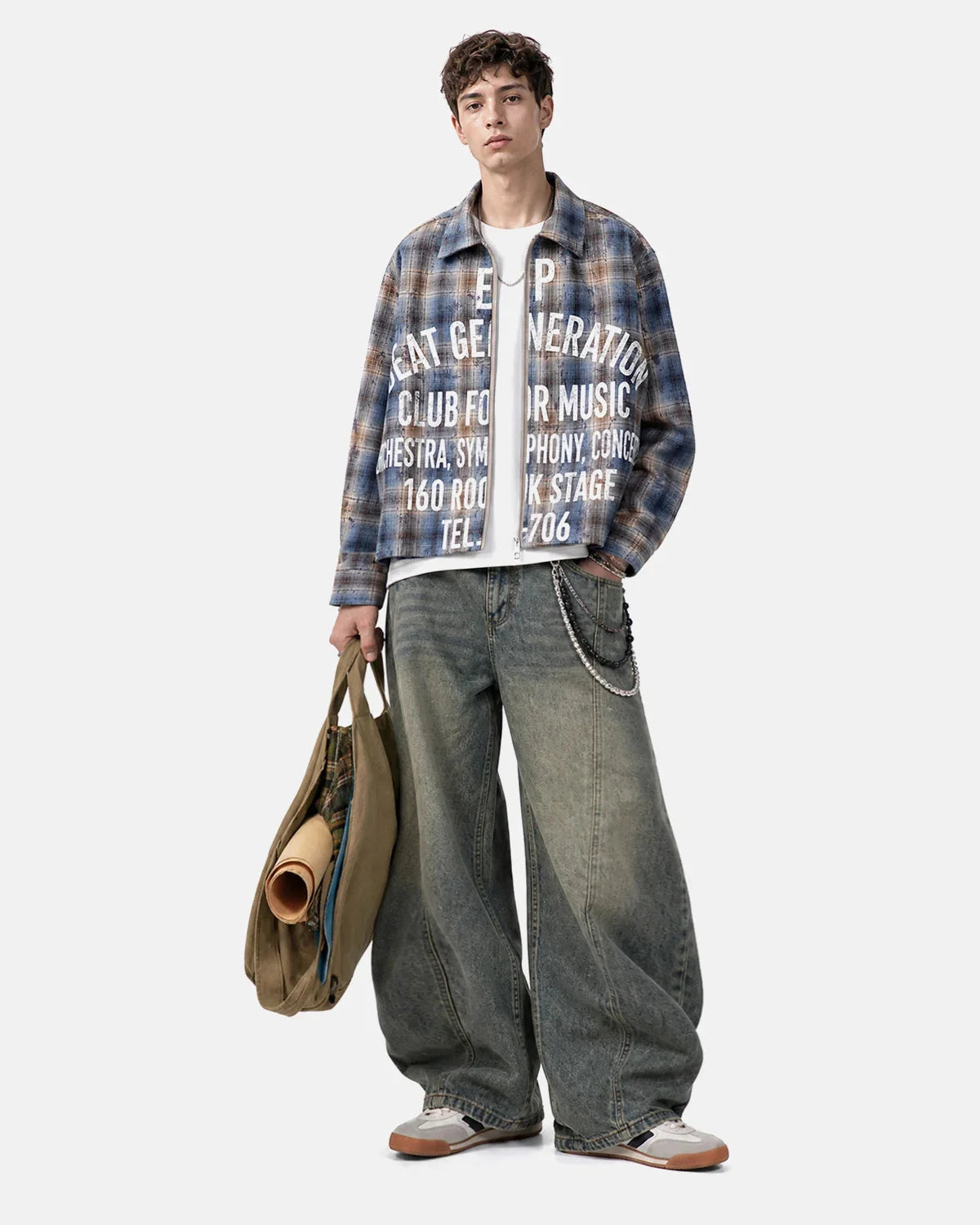 Omygoods Letter Graphic Plaid Long-Sleeve Shirt