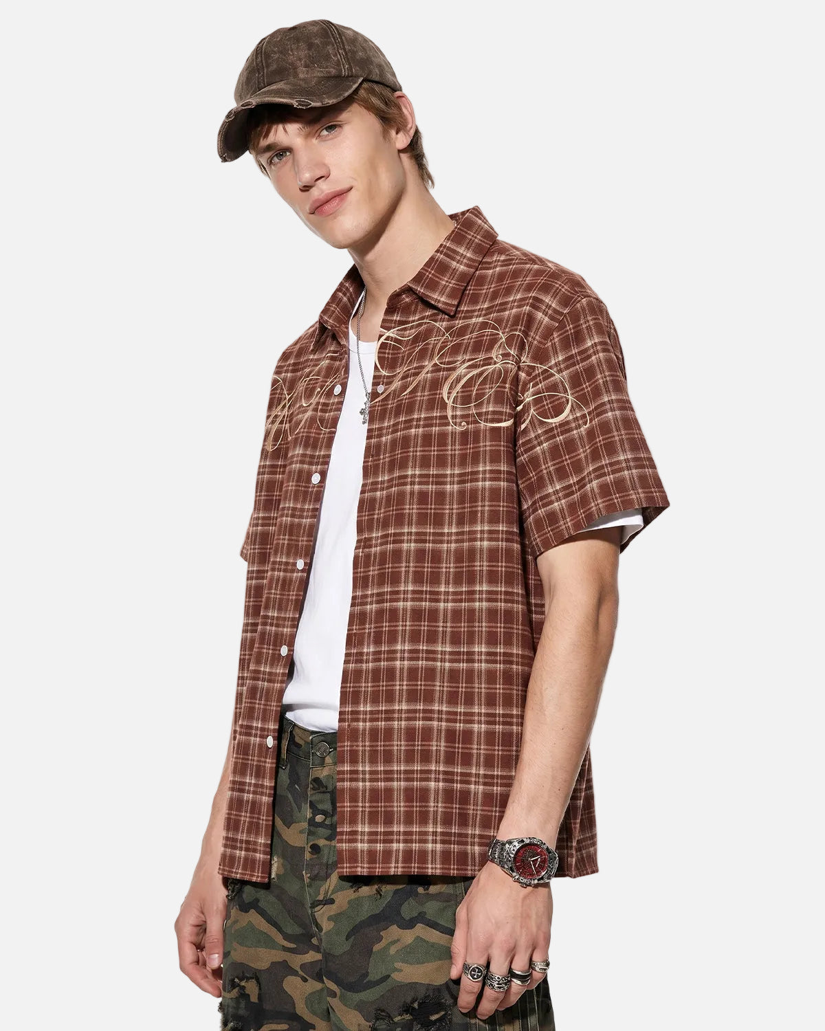 Omygoods Lettering Embroidery Plaid Shirt