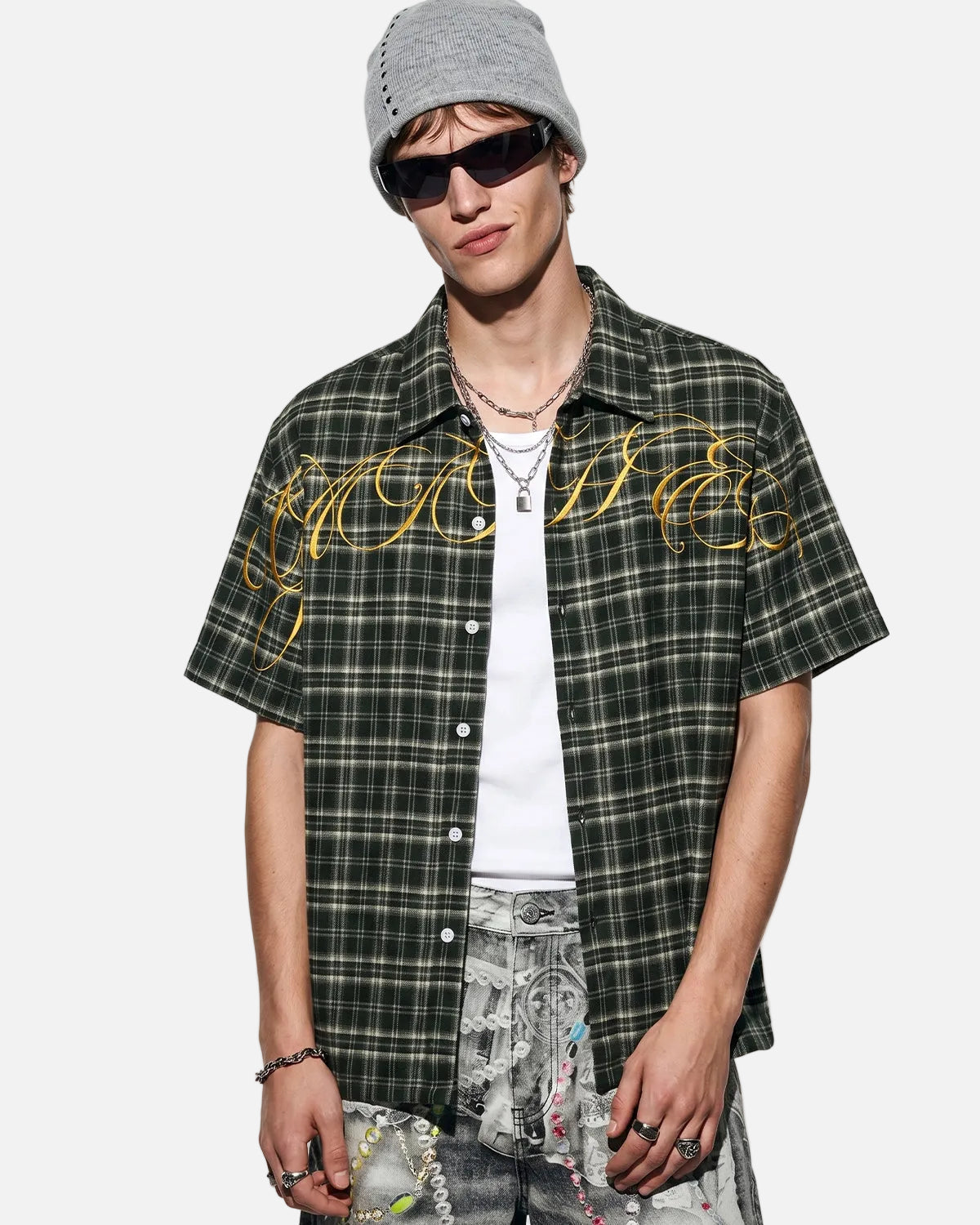 Omygoods Lettering Embroidery Plaid Shirt