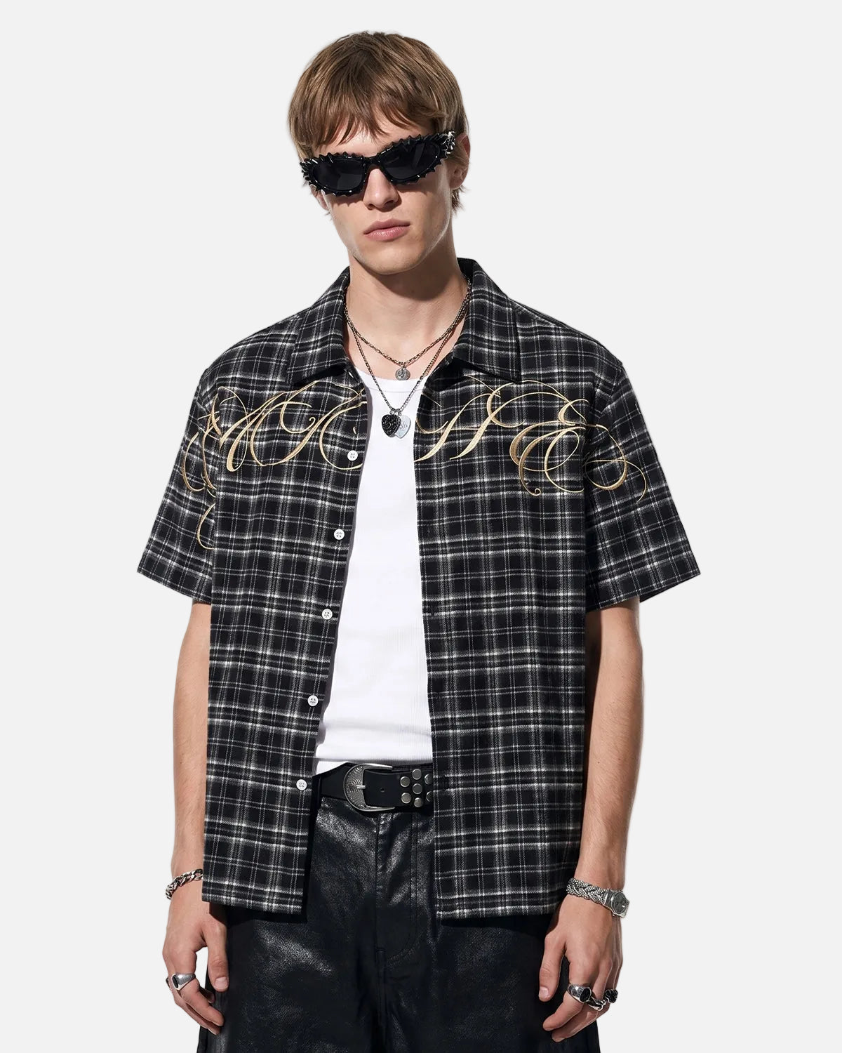 Omygoods Lettering Embroidery Plaid Shirt