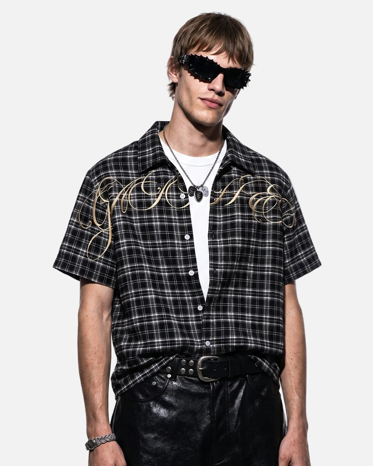 Omygoods Lettering Embroidery Plaid Shirt