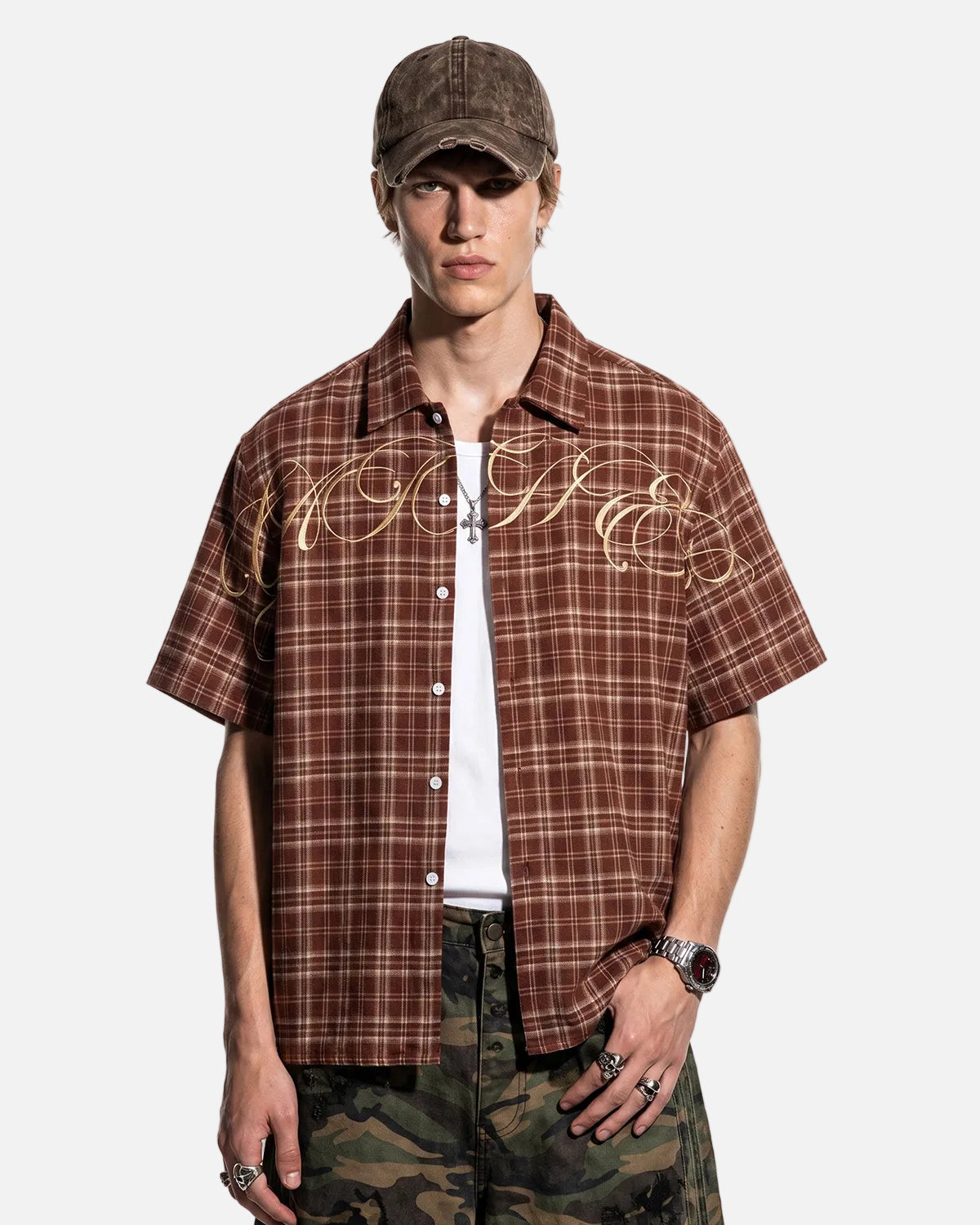Omygoods Lettering Embroidery Plaid Shirt