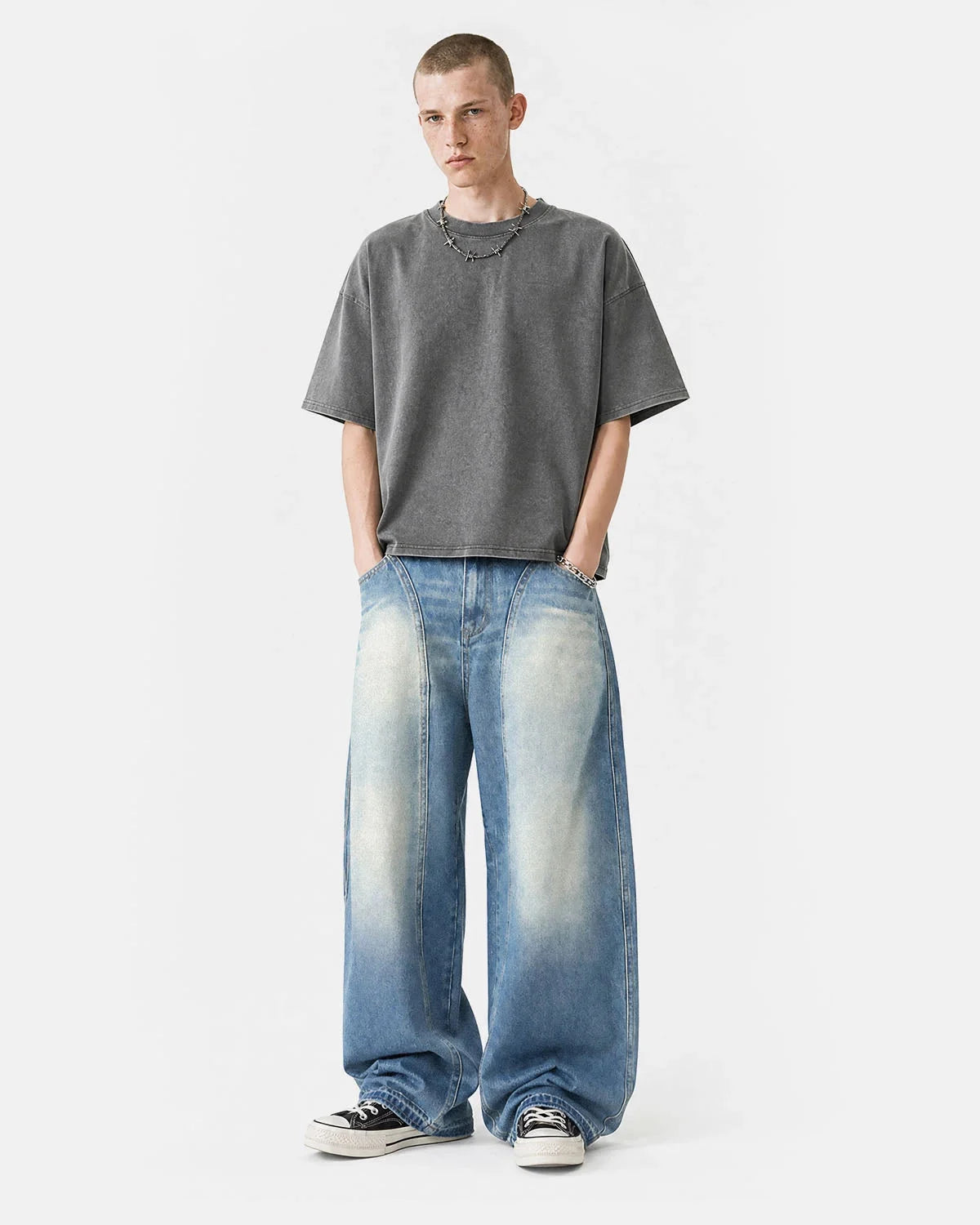 Omygoods Light Wash Curved Seam Baggy Jeans