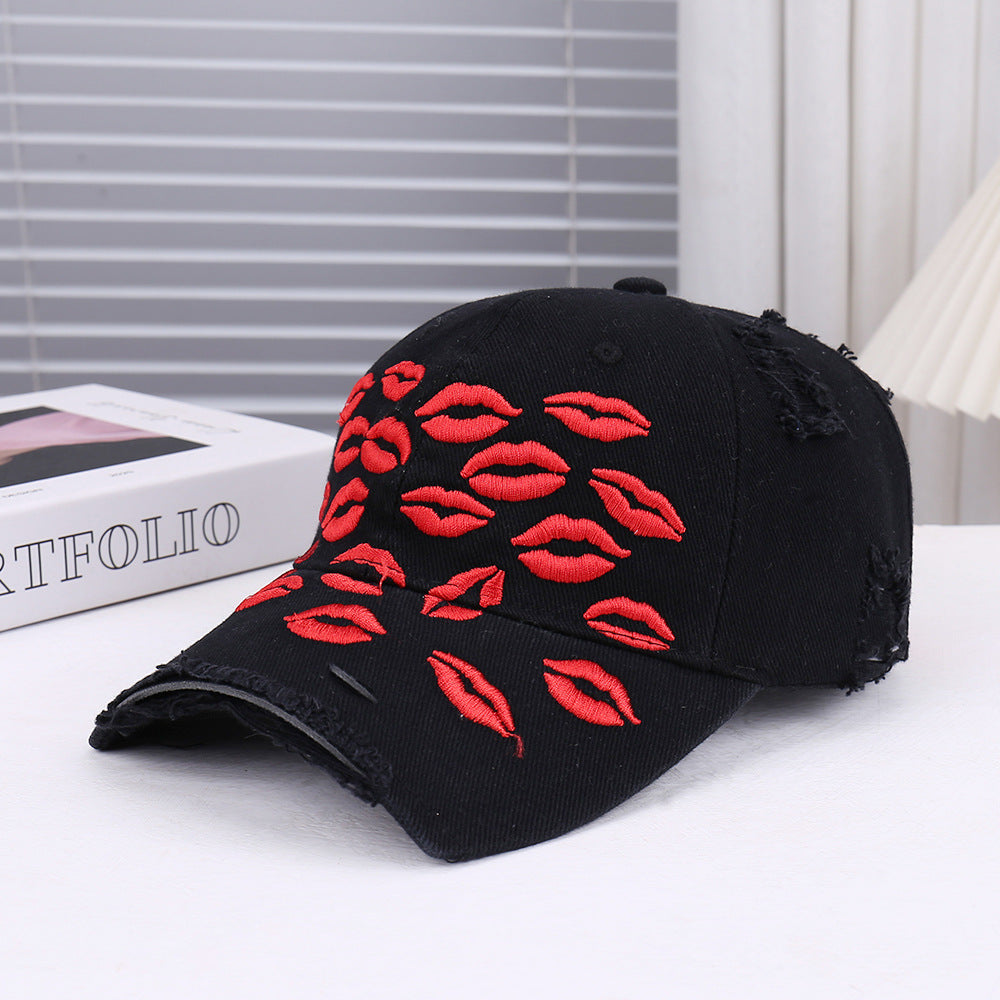 Omygoods Red Lip Embroidery Distressed Baseball Cap