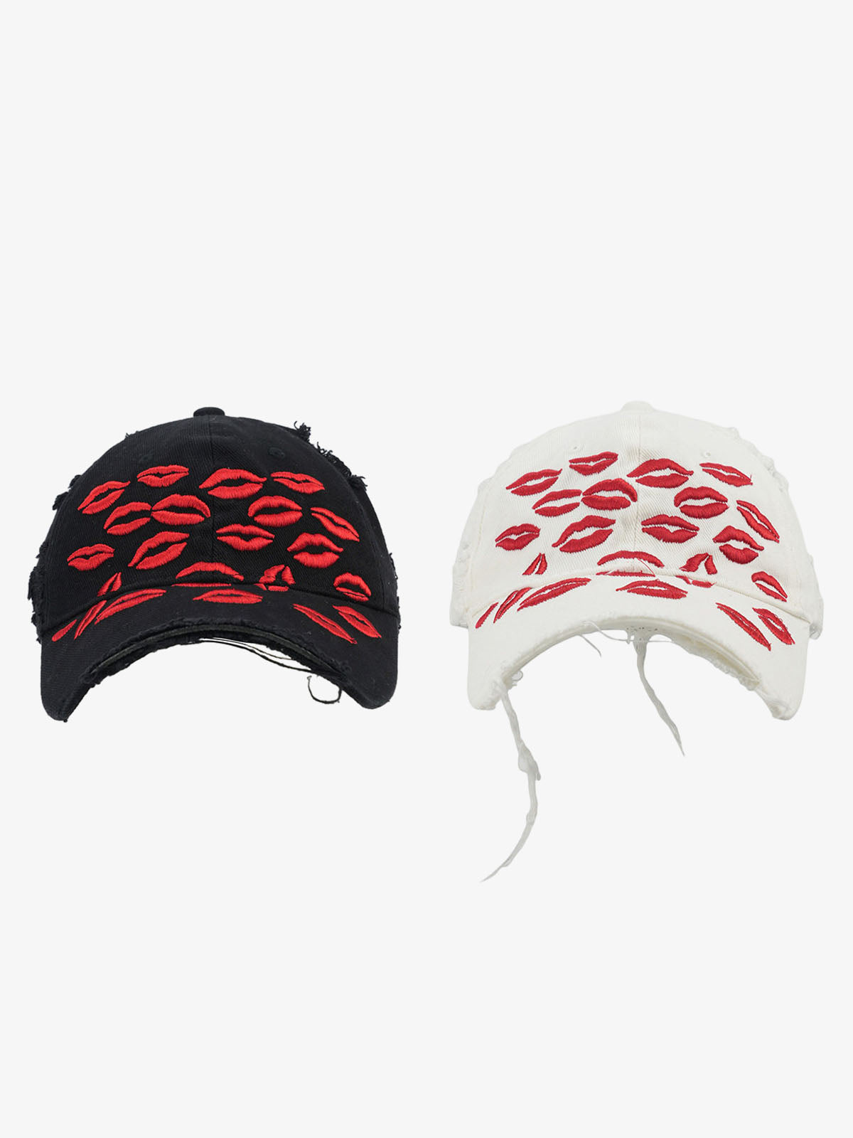 Omygoods Red Lip Embroidery Distressed Baseball Cap