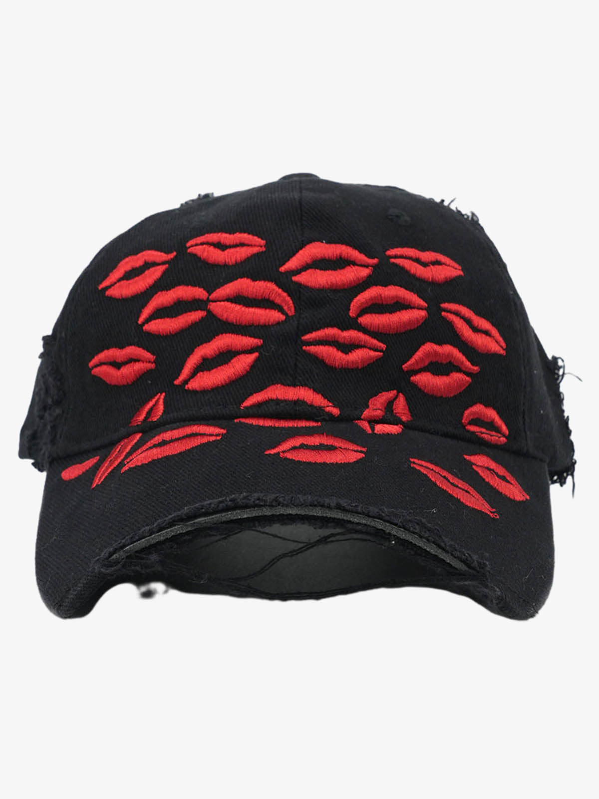 Omygoods Red Lip Embroidery Distressed Baseball Cap