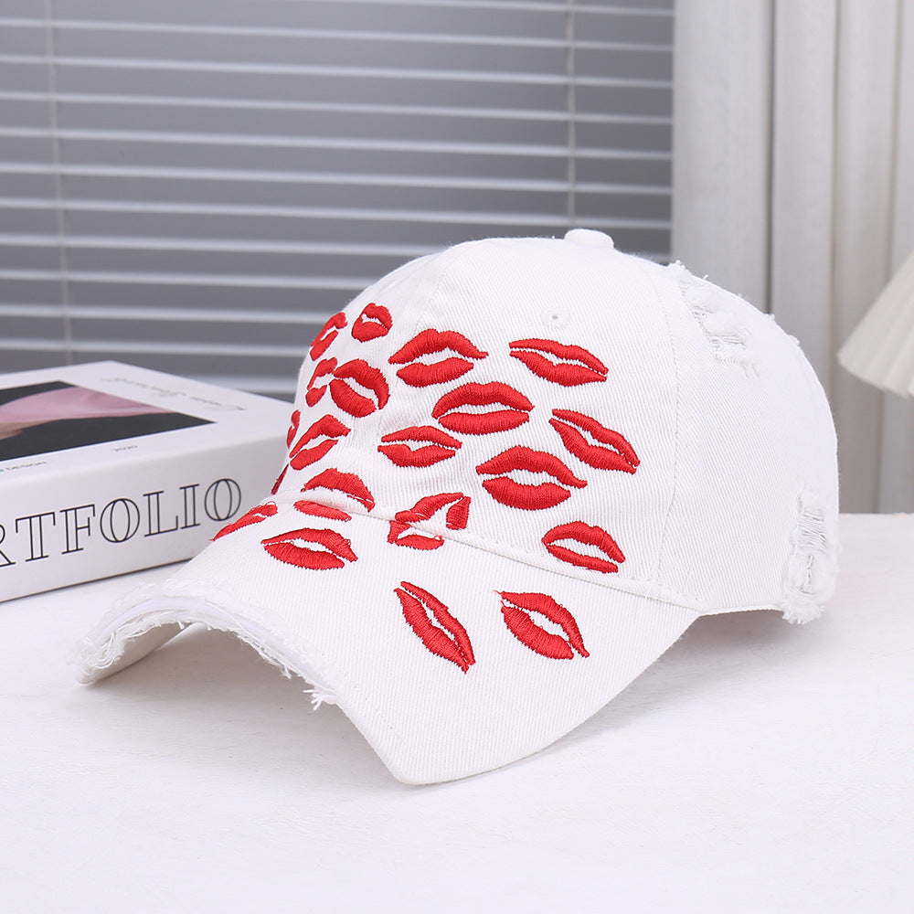Omygoods Red Lip Embroidery Distressed Baseball Cap