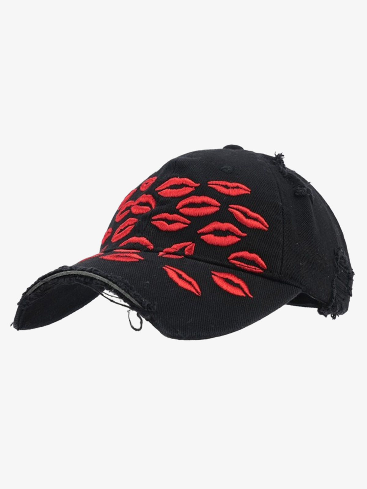 Omygoods Red Lip Embroidery Distressed Baseball Cap