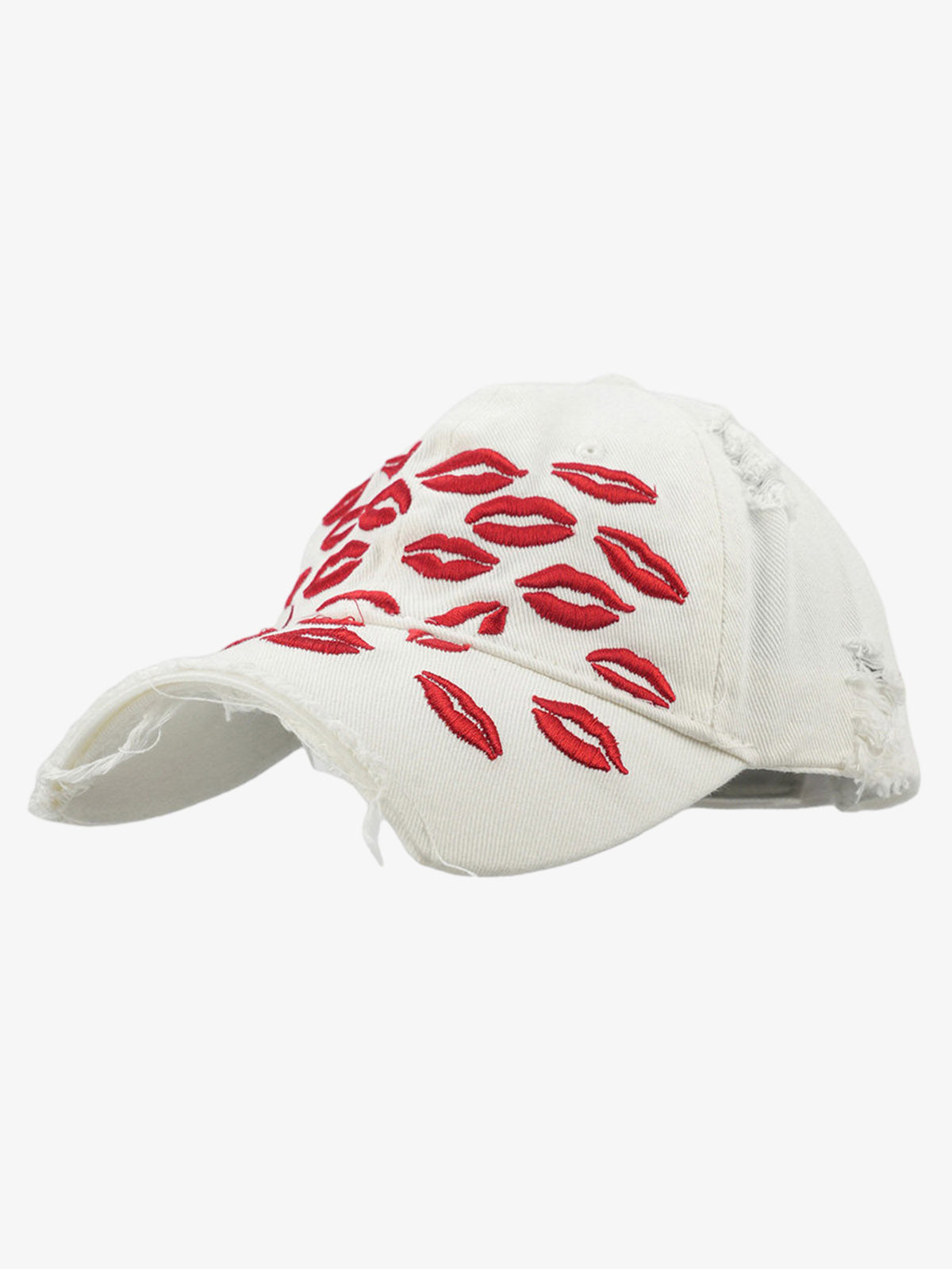 Omygoods Red Lip Embroidery Distressed Baseball Cap