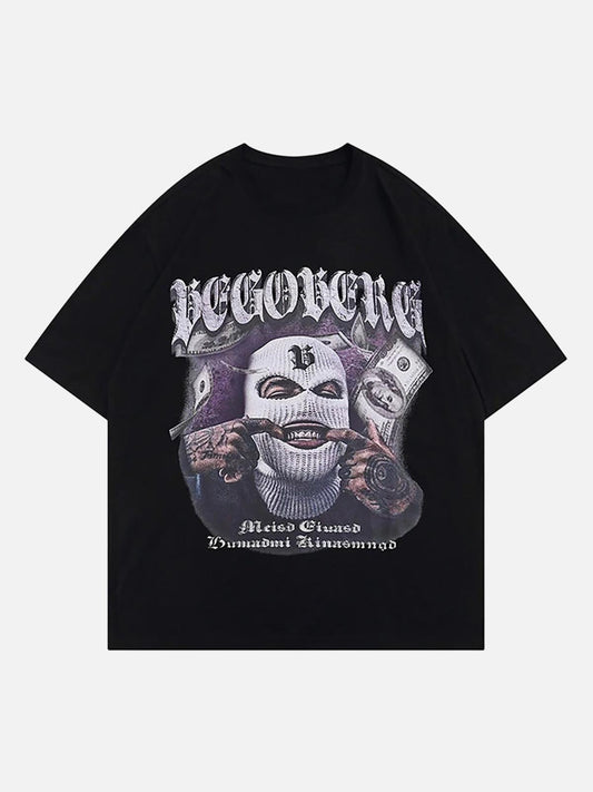 Omygoods Masked Gangster Portrait Printed T-Shirt